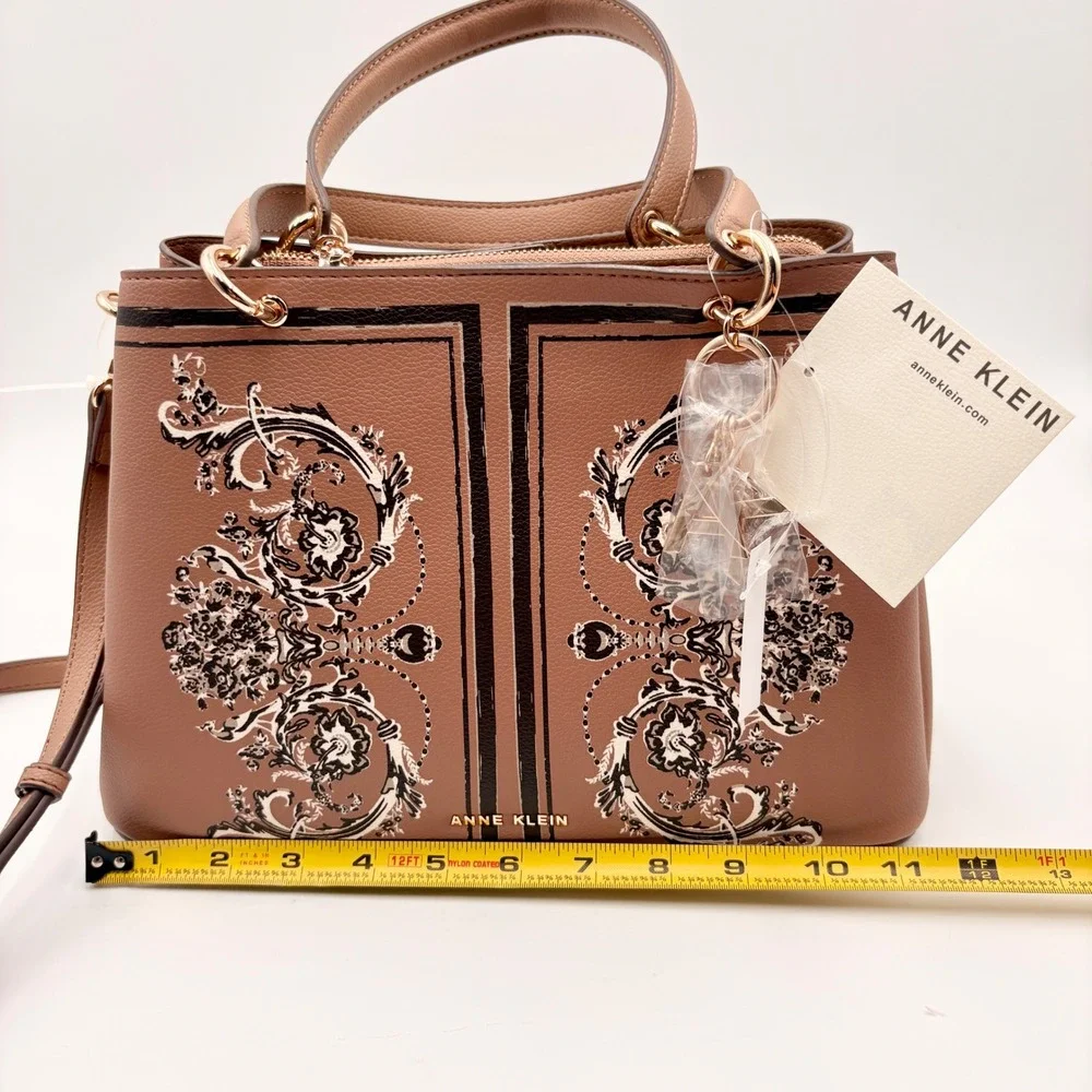 Anne Klein Tan Baroque Print Satchel Crossbody Bag Gold Hardware NWT